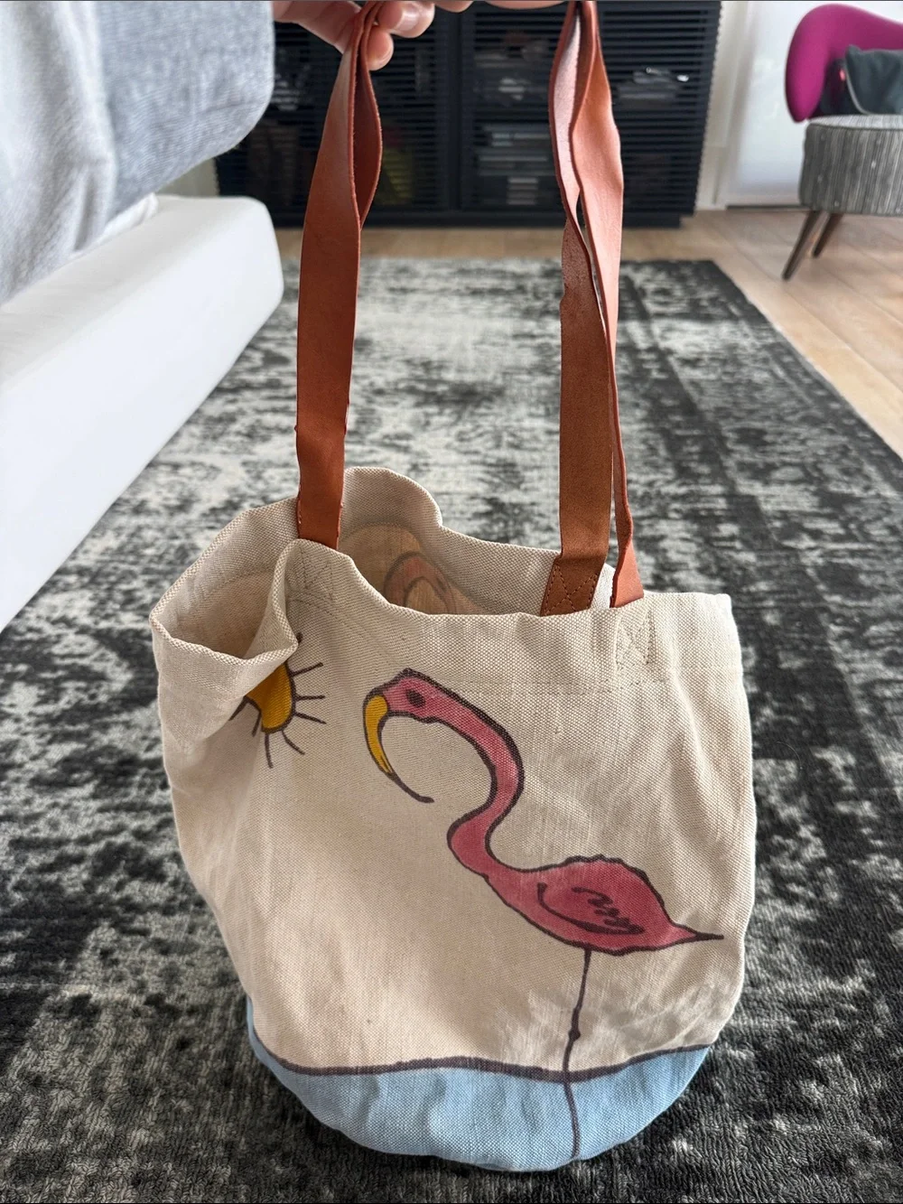 Canvas Flamingo Tote Bag with Brown Leather Straps